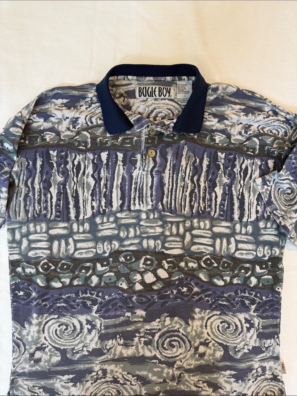 Bugle Boy Abstract AOP Polo Shirt 90s Tribal Navy Blue Gray Size L